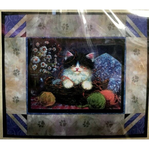 Kitty In Yarn Basket Vtg Stitch and Quilt Embellished Cross Stitch & Quilt Kit - Picture 2 of 3